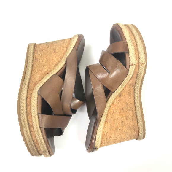 Jimmy Choo Cork Wedge 38 Heels Sandals Camel Brown Leather Strappy Shoes - Picture 4 of 10